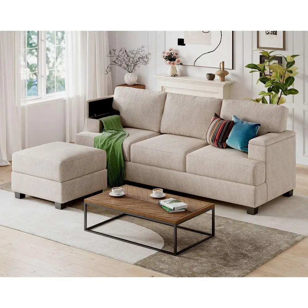 

85 L-Shaped Sectional Sofa with Armrest Organizer, 3 Seats, Ottoman, Thick Cushion, Chenille Fabric, Suitable for Living Room an