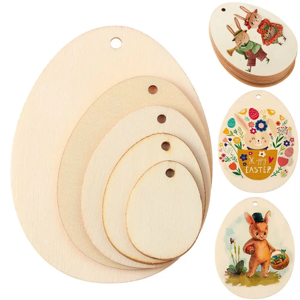 10/25/50Pcs Easter Egg Shape Wood Slices DIY Graffiti Painting Hanging Pendants Handcraft Wooden Ornament Easter Home Decor