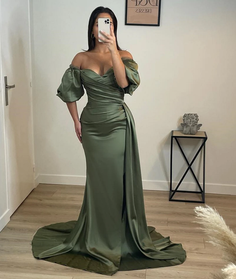 

Off-Shoulder Prom Gowns Occasion Dress Party Vestidos Women Elegant Puff Sleeves Ruched Simple Satin High Split Evening Dress