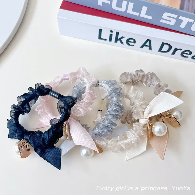 5 Stück, koreanischer Stil, süße Haarreifen mit Schleife, hochelastische Haargummis für Damen und Mädchen, schlichtes Haargummi mit Spitze, Haaraccessoires. – Detail 3