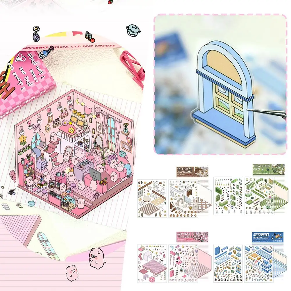 Stiker 3D DIY tiga dimensi untuk kabin, stiker pemandangan kabin susun dan tempel akun tangan, stiker miniatur lucu