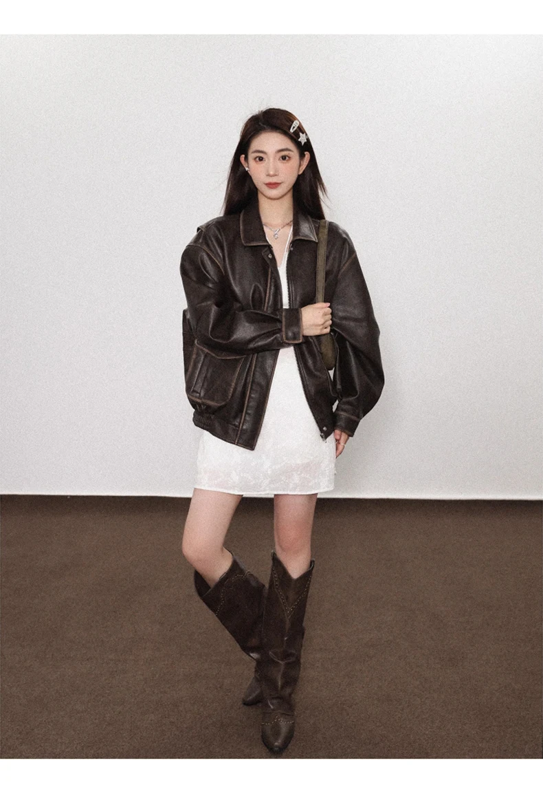 Lautaro Spring Autumn Cool Handsome Soft Vintage Distressed Brown Pu Leather Jacket Women Long Sleeve Luxury Designer Clothing