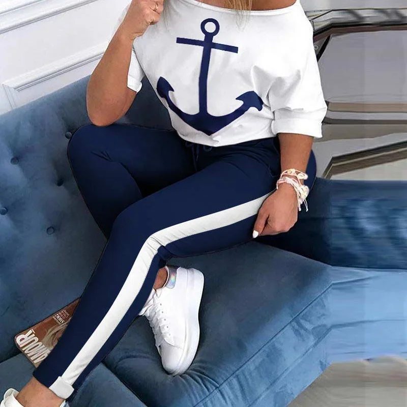 2024 Printed Boat Anchor Mid Sleeve Round Neck Casual Sports Set