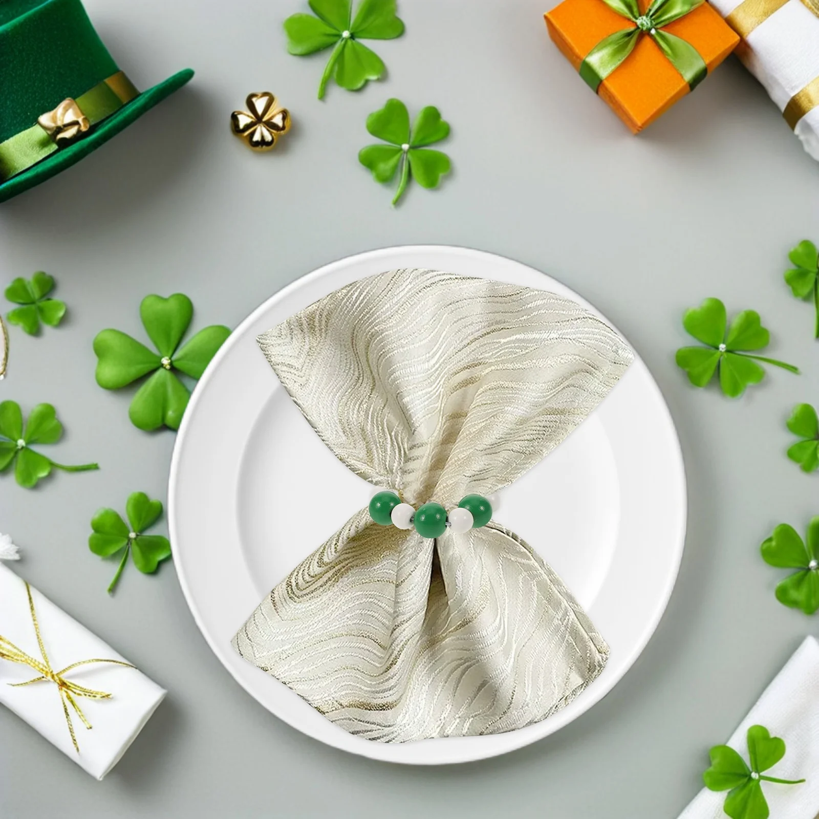 

6Pcs Wood Bead Napkin Rings St Patricks Day Rustic Nordic Style Irish Table Napkin Holder Decorative Serviette Buckles Holiday