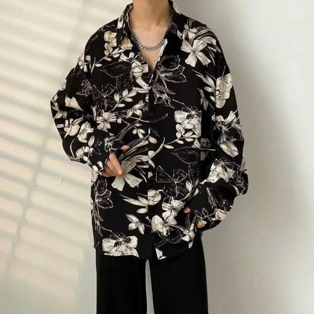 Men Casual Shirt Vintage Floral Print Men's Cardigan Retro Style Long Sleeve Shirt Mid Length Loose Fit Top for Spring Fall