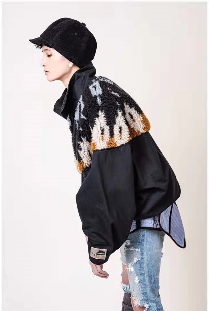سترة كابيتال 20AW فضفاضة بسحاب نصفي، مطبوعة ومرقعة من الصوف المزدوج اللون، ملابس خارجية شبابية عصرية للشتاء بأكمام طويلة وقصة... #1