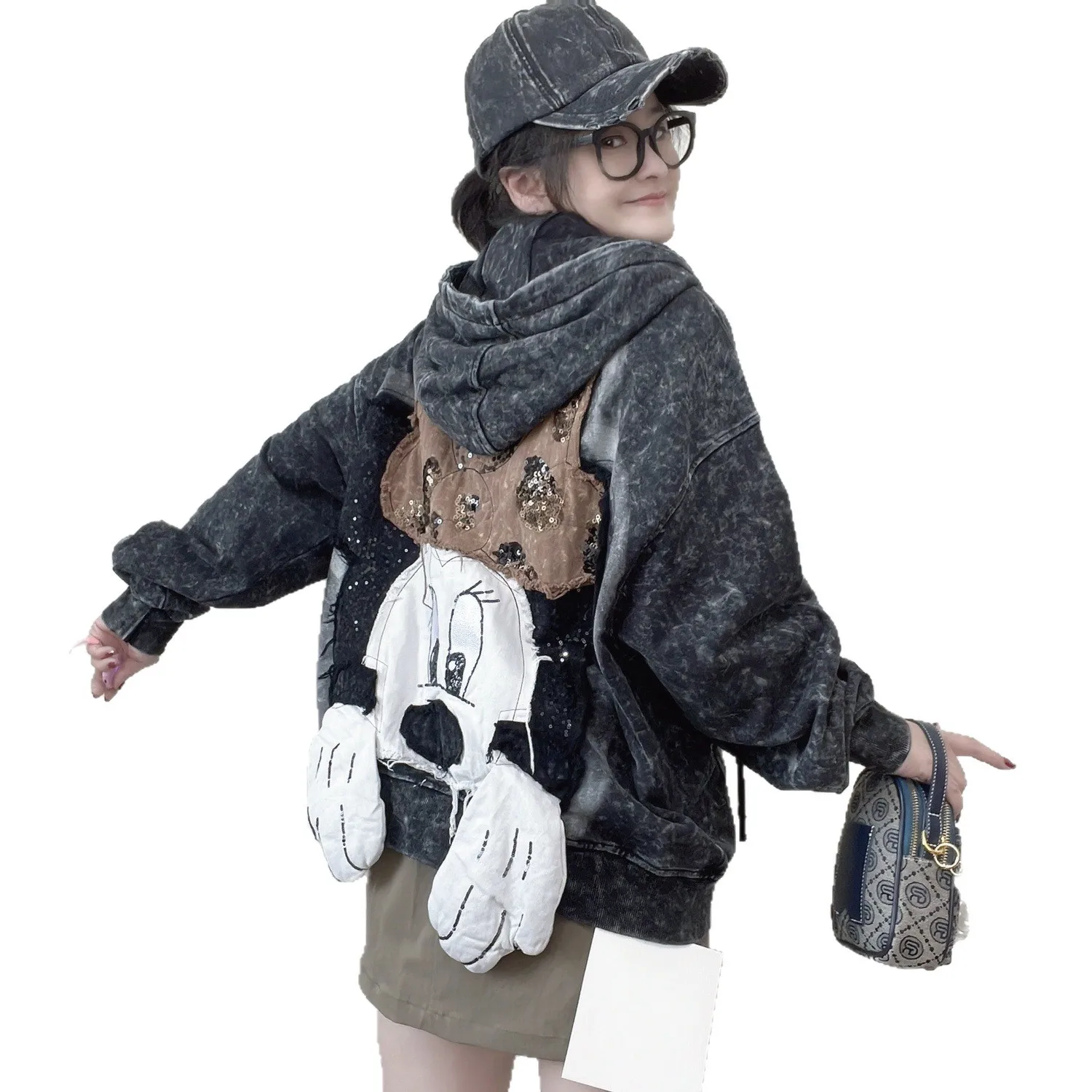 

MINISO Women's heavy-duty sequin embroidery hooded long-sleeved vintage worn-out cardigan jacket