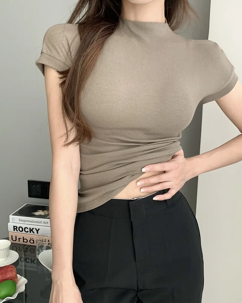 Summer Fashion Solid Slim Fit Slimming Short Top Woman Clothing Crop Tops Slim Design Sense Niche T-Shirt Casual Sexy