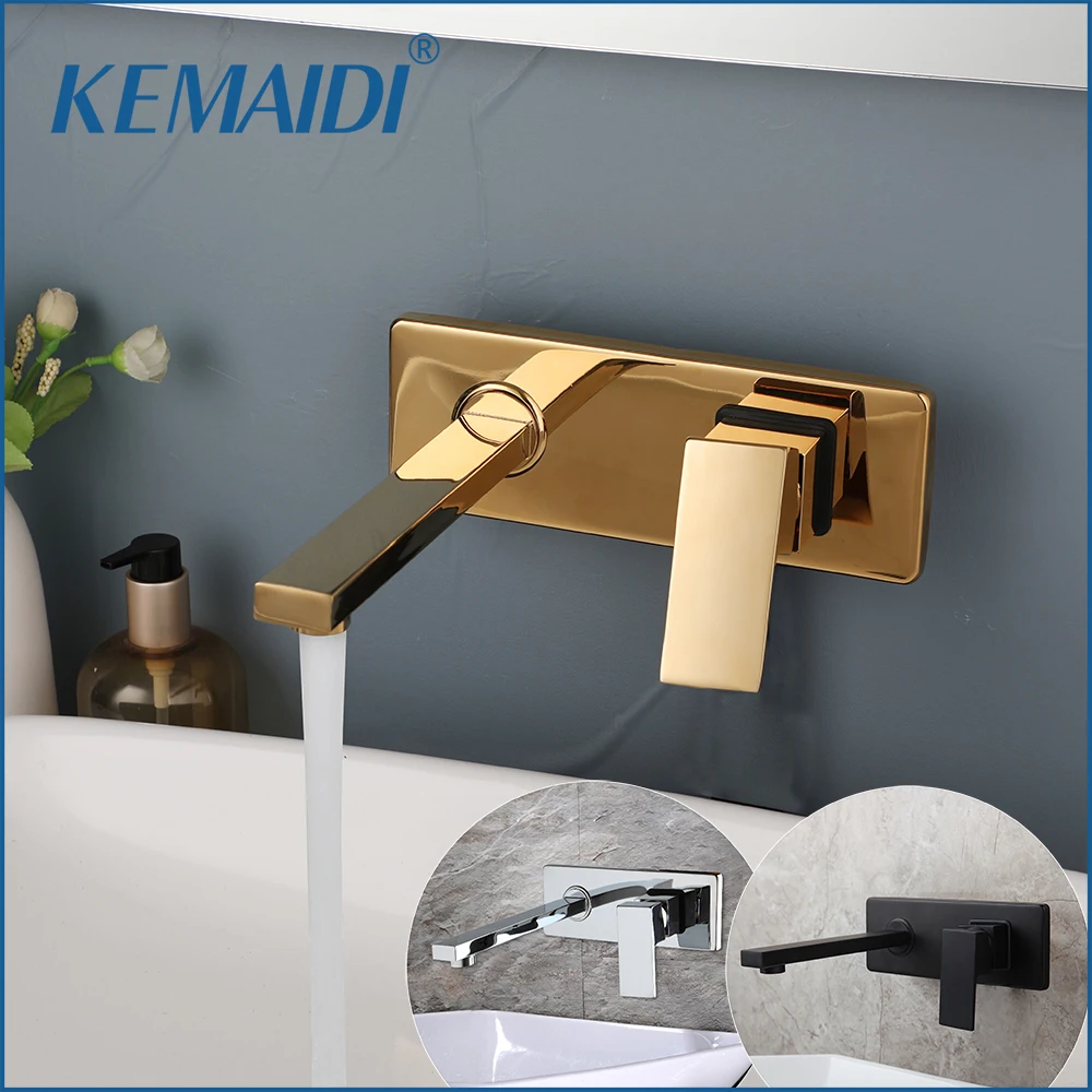 

KEMAIDI Golden Plated Bathroom Sink Faucet Wall Mounted Brass Basin Faucets Tap Concealed Crane Hot& Cold Water Black Mixer