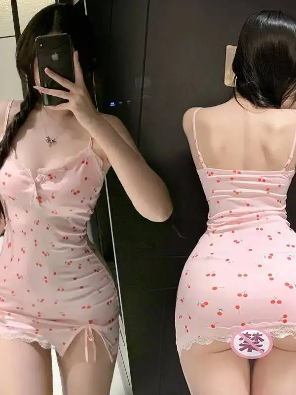 ชุดเดรสลูกไม้เซ็กซี่เว้าหลังพร้อม V ลึกและกลวงออกสำหรับผู้หญิงสายรัดดอกไม้ชุดมินิเชอร์รี่พิมพ์ที่มีเสน่ห์พร้อมแผ่นรองหน้าอก CHA2