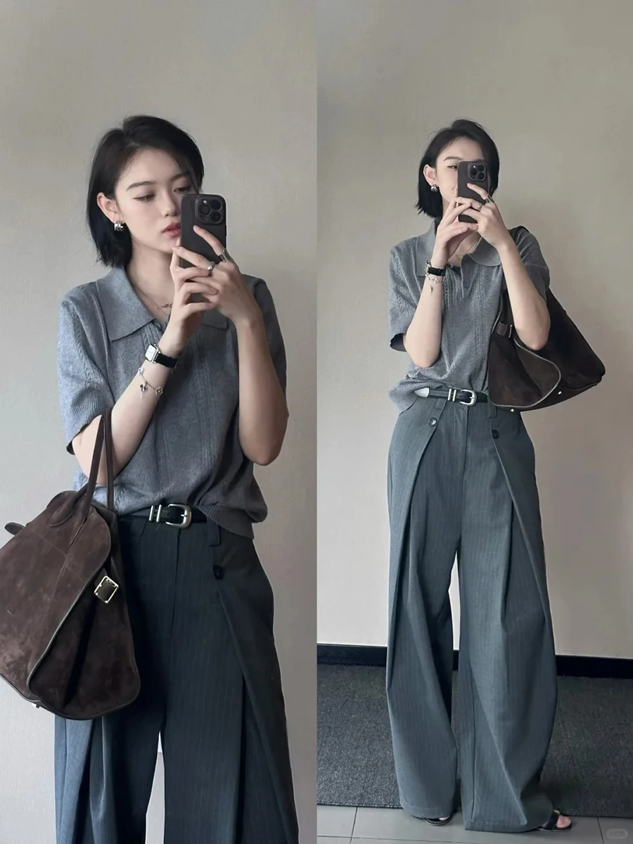 ReddaChic Casual Wide Leg Pants High Waist Gray Striped Pleated Long Oversized Draped Trousers Women Autumn Office Work Wear