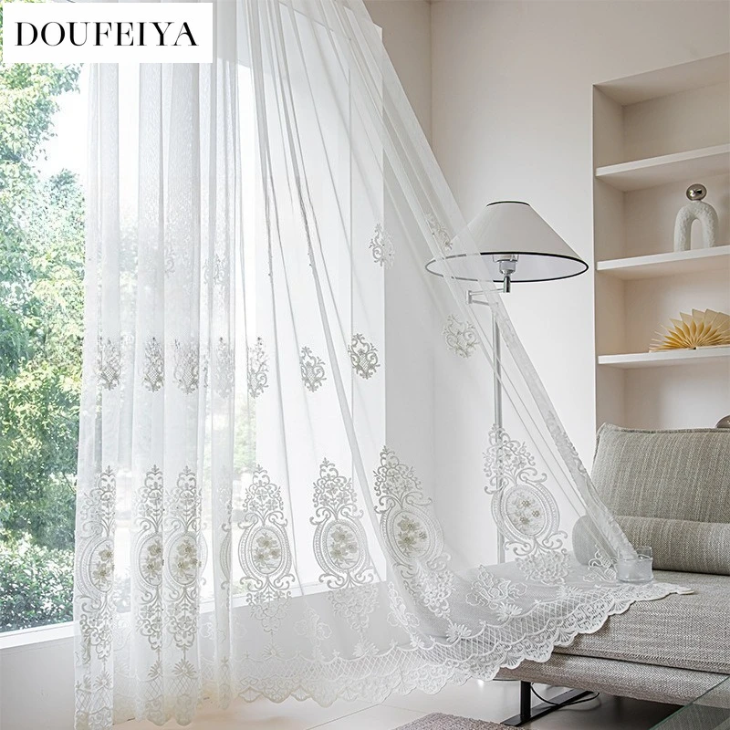 

Custom Size New Fashion European French Retro Embroidery Flowers Curtains for Living Dining Room Bedroom White Tulle