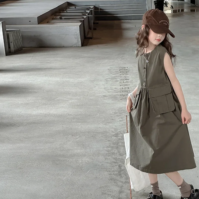 Girls Skirts 2024 Summer New Childrens Clothes Baby Girls Foreign Style Thin Sleeveless Large Pocket Cargo Dress Casual Simple image 4
