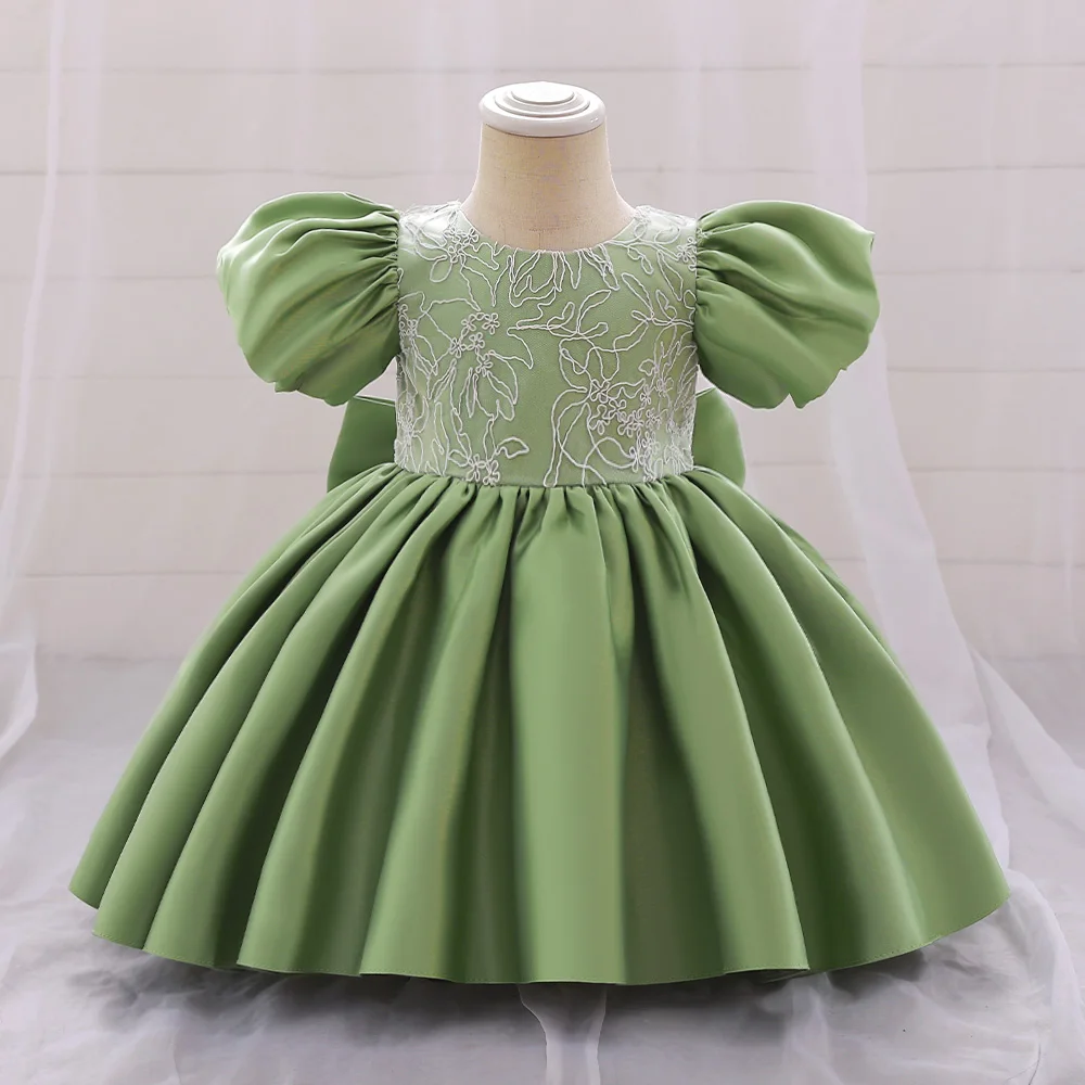 Big Bow Baby Girls Dress Solid Elegant Toddler Kids Christening Birthday Vestidos Weddings Party Kids Girls Princess Puff Sleev