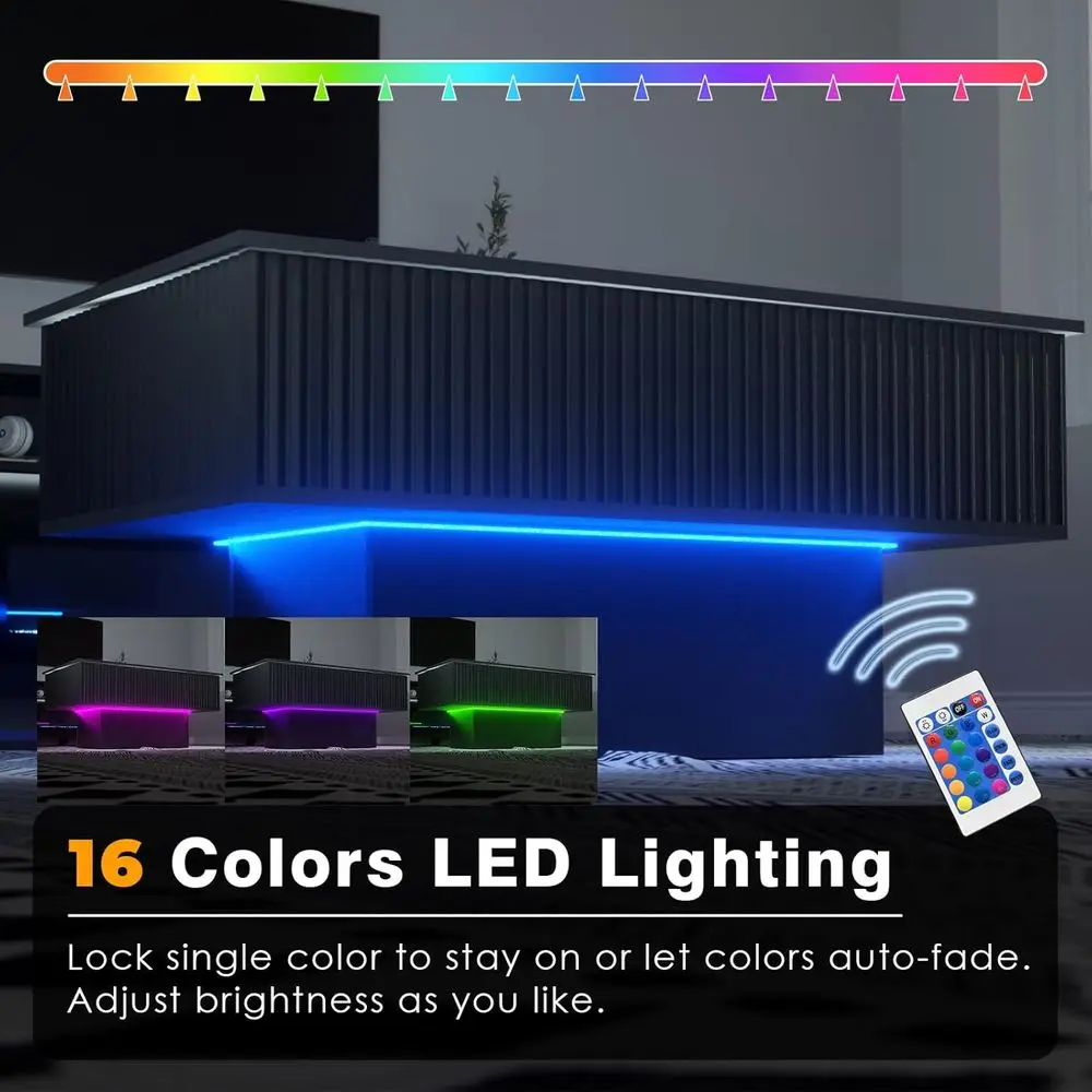 モダンなLEDコーヒーテーブル、マルチポート充電、16色照明、十分な収納スペース、スタイリッシュなブラック、リビングスペースに最適