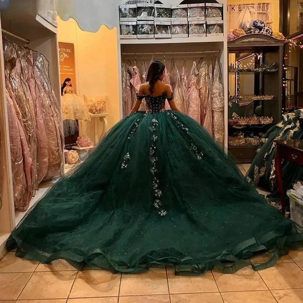 Fora do ombro Tule Appliques vestido de baile, Vestidos Charro Quinceanera verdes, Mexican Sweet 16 vestidos, 15 anos