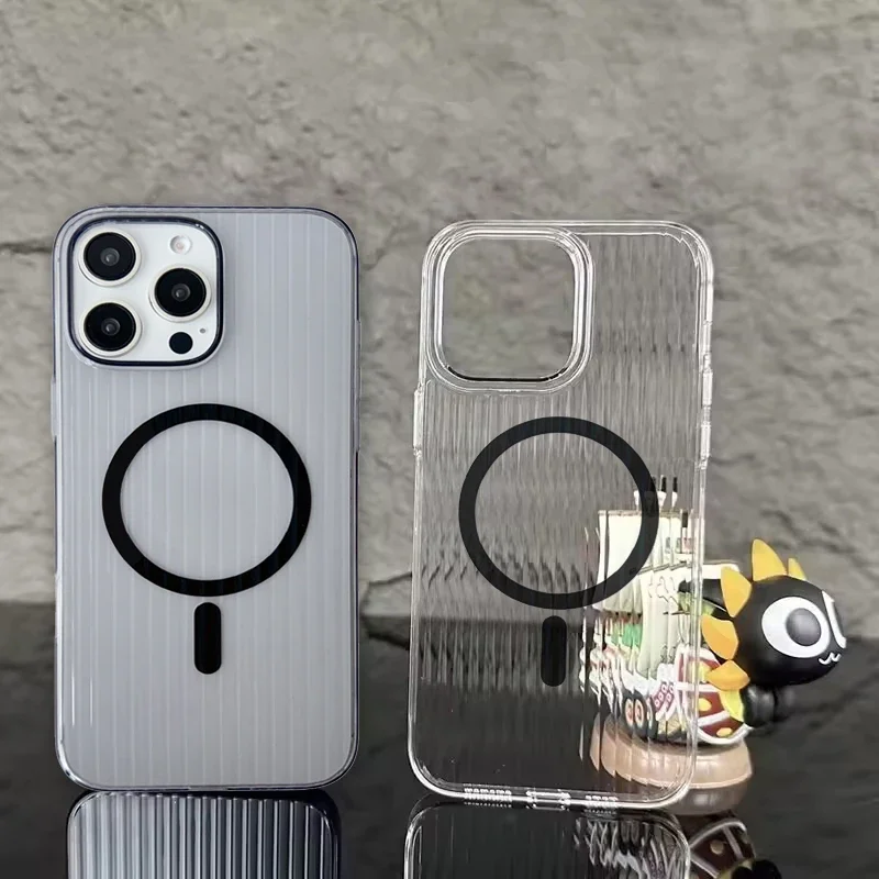 حافظة صلبة شفافة عالية الدقة لهاتف آيفون 16 15 14 13 12 Pro Max Magsafe بنمط مموج مغناطيسي للشحن اللاسلكي