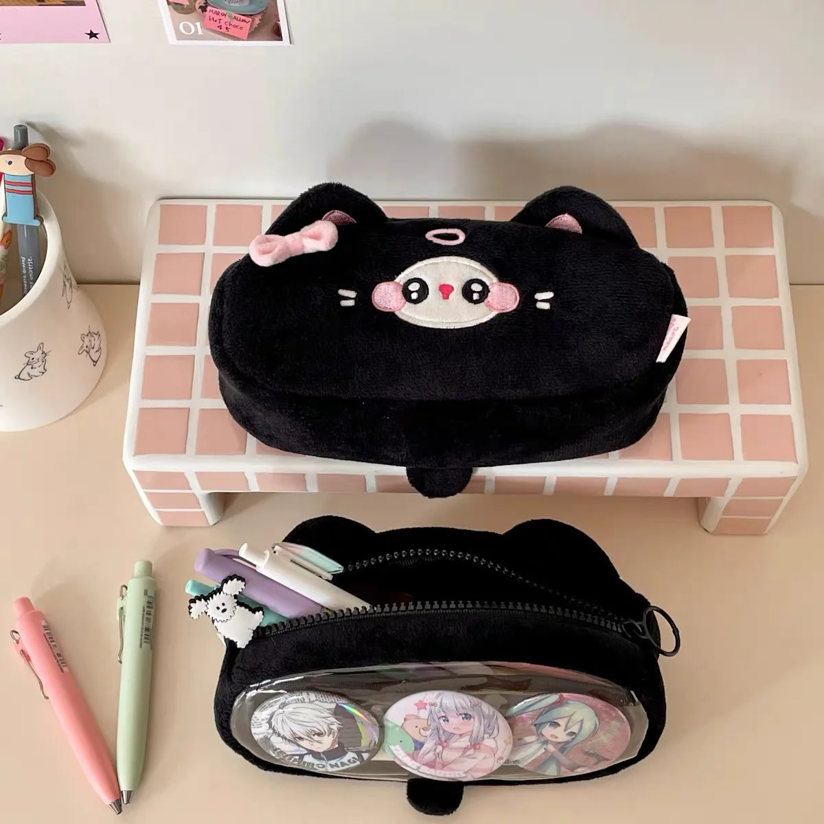 Kawaii Original Black Cat Pencil Case Plush Large capacity School Pencil Pouch Stationery Cosmetic Bags Cartoon Storage Pen Box