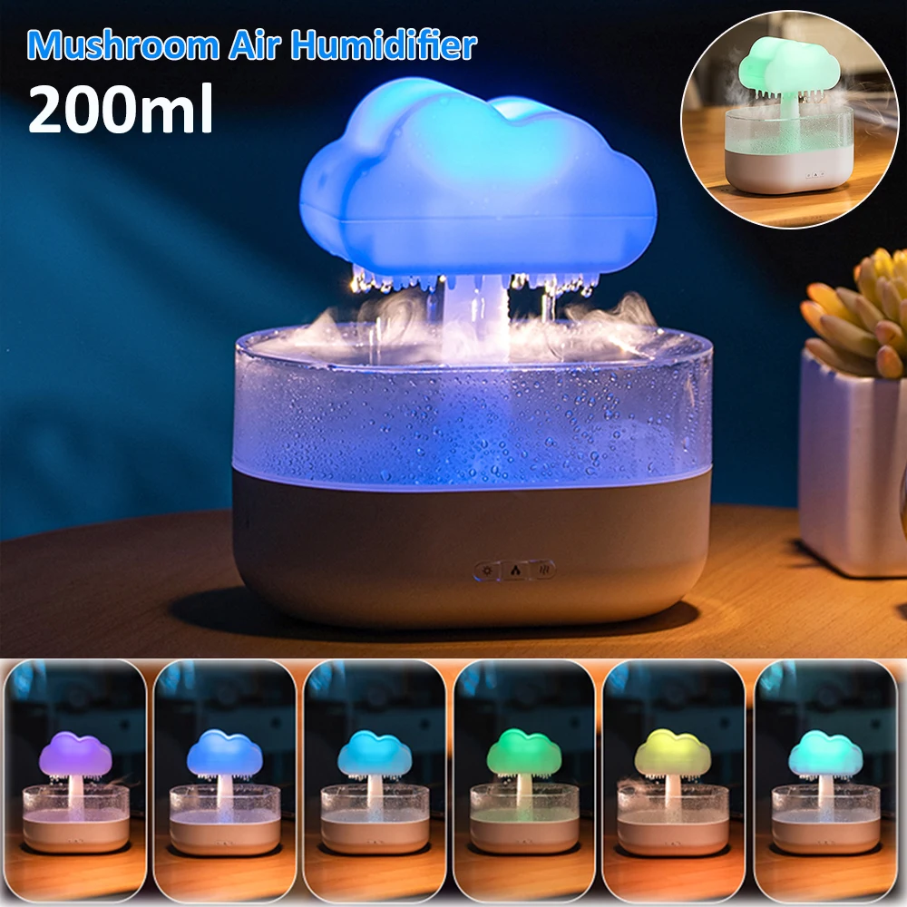 Mushroom Rain Air Humidifier Electric Aroma Diffuser Colorful Raindrop Night Light Rain Cloud Essential Oil Aromatherapy Machine