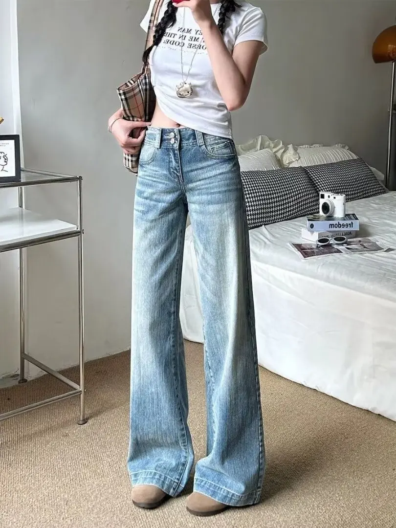 Retro Blue Double Buckle Straight Leg Jeans Women's Small Size Autumn Style High Waist Loose Drapey Slimming Wide Leg Floor-L...