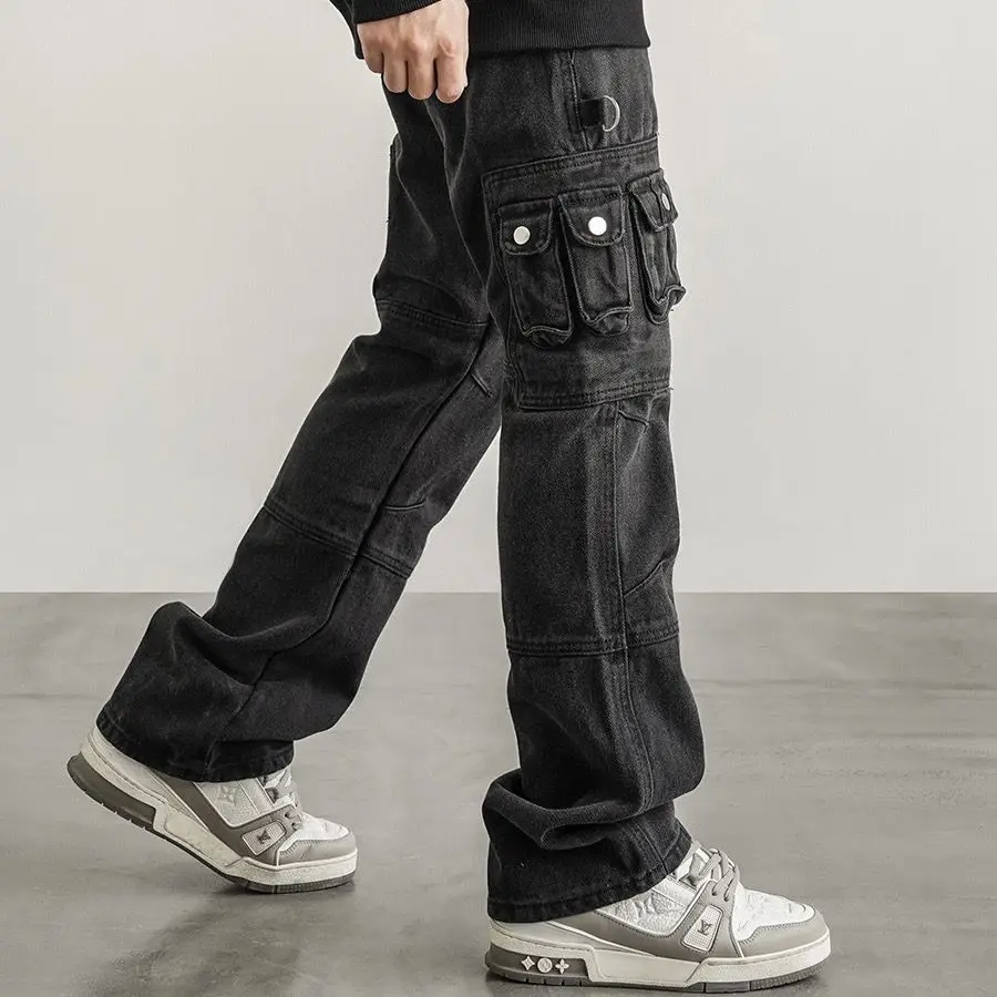 High Street Retro Multi Pocket Old Washable Workwear Pants for Men and Women High Street Loose Straight Tube Micro Flare Jeans