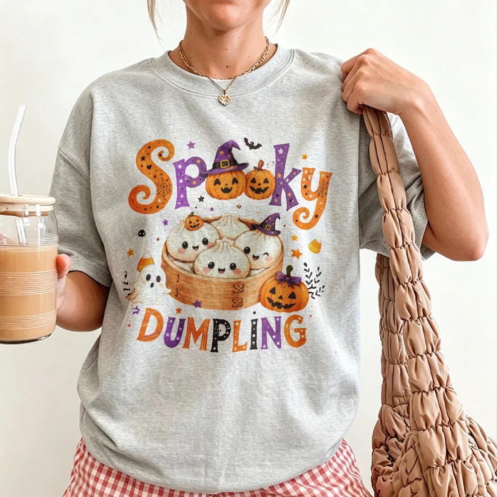 Spooky Dumpling Halloween Graphic T Shirt Cute Bao Buns Witch Hat Pumpkin Ghost Bat Kawaii Fall Food Lover Print Tee Gift Tops