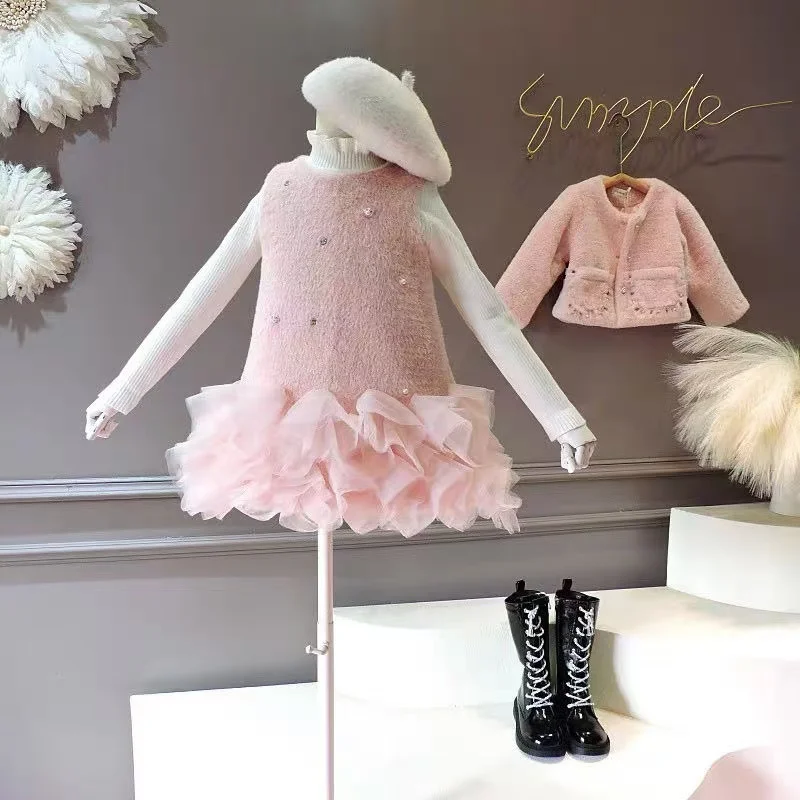 High-end Girls\' New Winter Dress Set Children\'s Small Fragrance Anti-fur Fur Coat Vest Skirt Set Kids Outfits 100-140cm