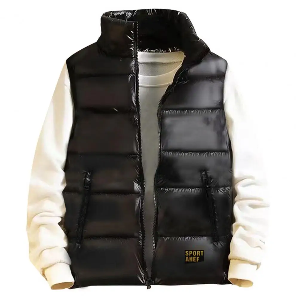 Warmth-providing Vest Men's Stand Collar Sleeveless Thermal Vest Coat with Zipper Closure Pockets Golden Letter Print for Winter