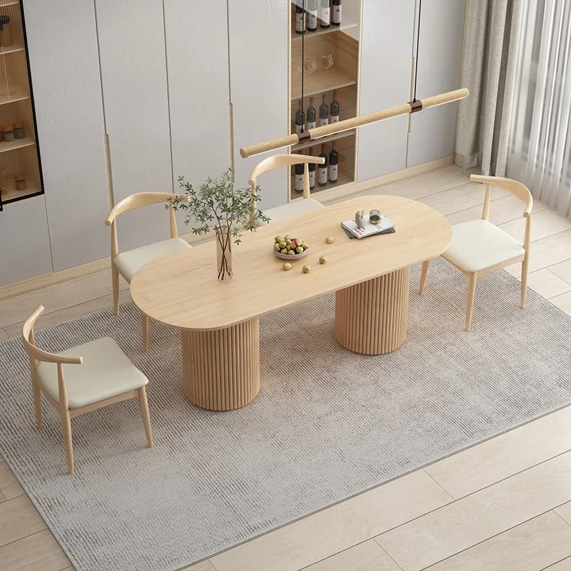 Nordic solid wood oval dining table, creative natural wood color multi-person dining table, small apartment