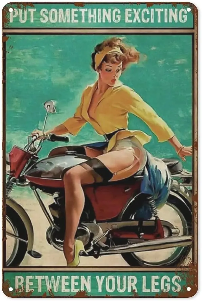 Motorcycle Pinup Girl Put Something Exciting Metal Tin Signs Reproduction, Vintage Wall Decor Retro Art Tin Sign Funny Deco sign