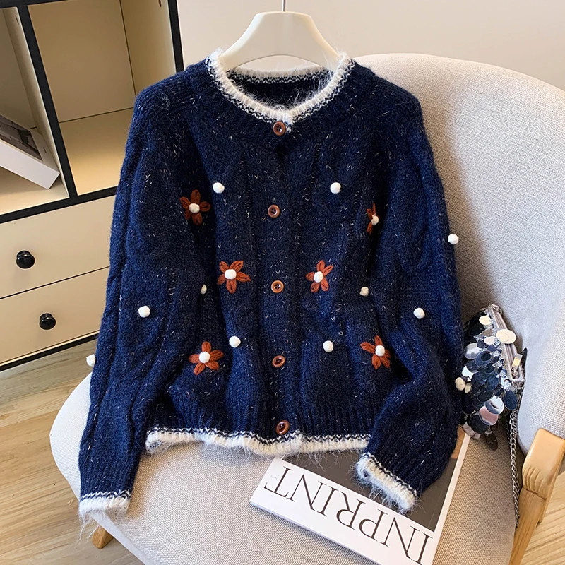 

Новый элегантный жаккардовый вязаный кардиган в ленивом стиле, женский осенне-зимний однобортный повседневный милый свитер с круглым вырезом и длинными рукавами