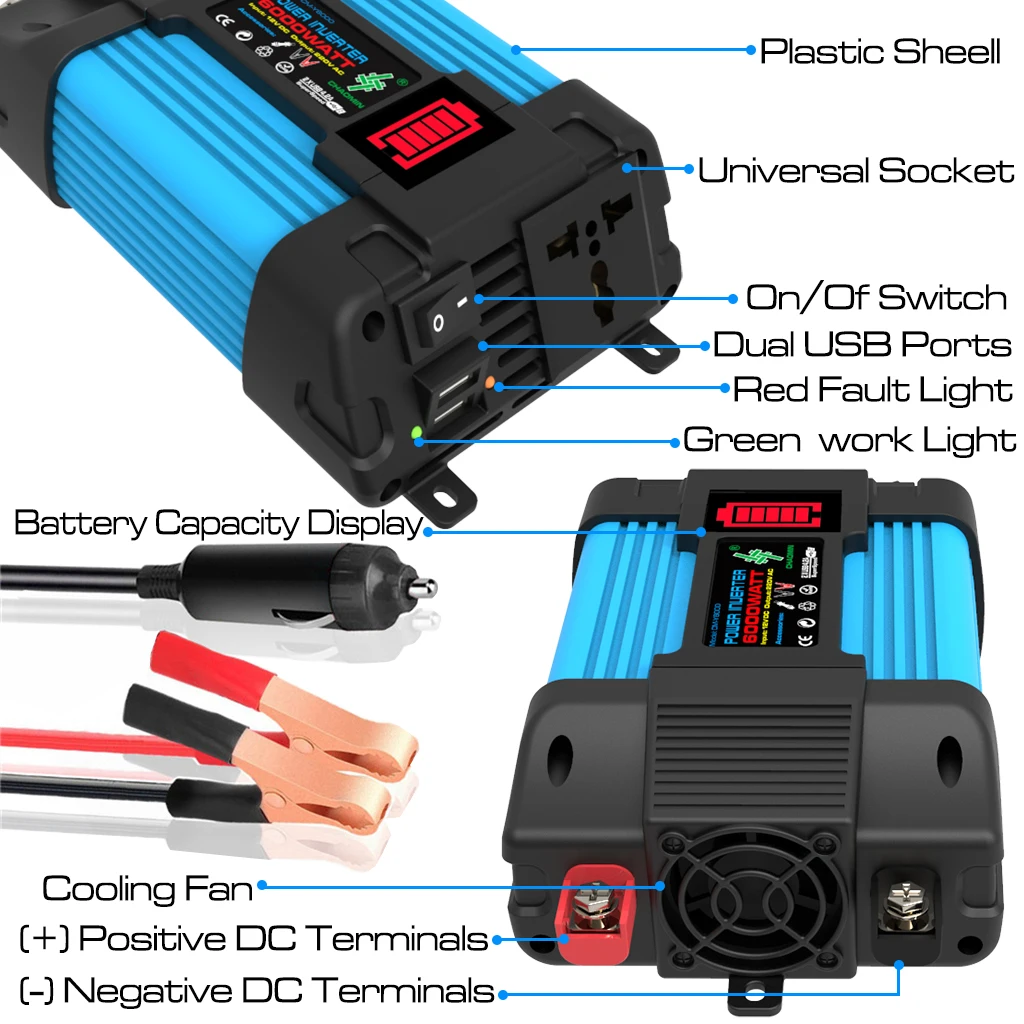 Inverter DC12V To AC 110V/220V 4000W 6000W Portable Power Bank Multifunctional Universal Socket Onboard Converter Solar Inverter