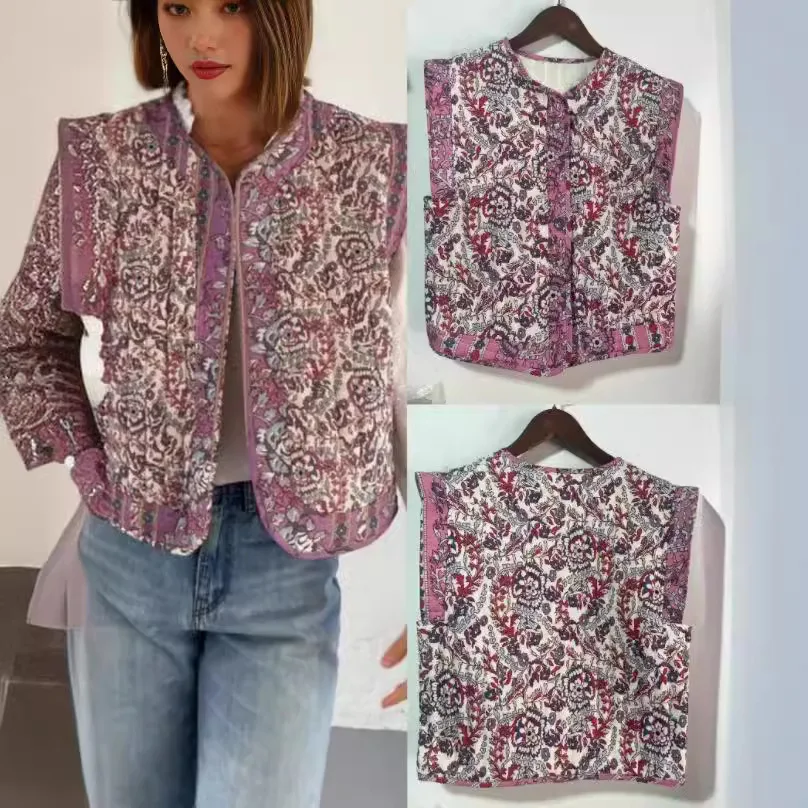 Chaleco de algodón estampado para mujer, chaqueta elegante de algodón acolchada corta con estampado de flores, cuello redondo Retro para ir al trabajo, novedad de 2024