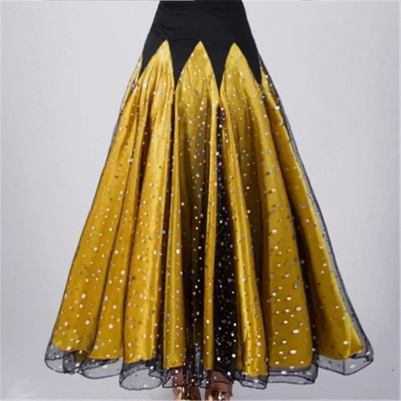 Robe longue à paillettes pour femmes, jupe balançoire moderne, demi-jupe, pratique de la danse de salon, valse, dames