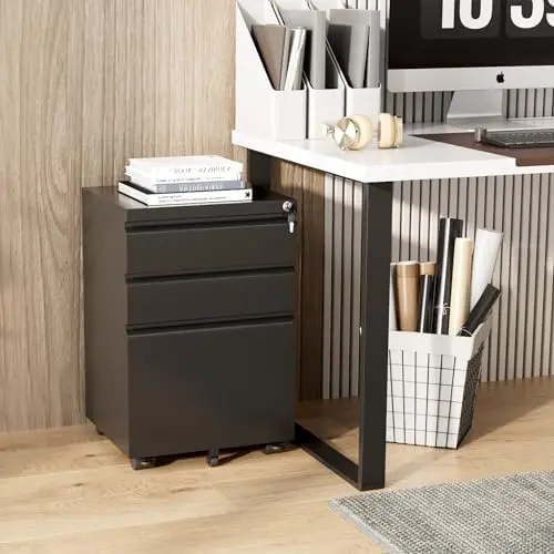 3 Drawer Mobile File Cabinet with Lock, Metal Filing Cabinet on Wheels, Under Desk File Cabinet for Home Office