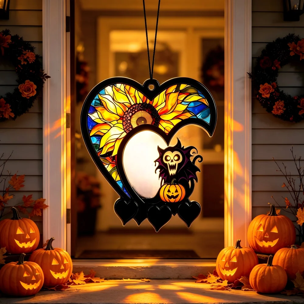 Personalized Pet Memorial Heart Suncatcher, Custom Name Pet Silhouette Acrylic Window Hanging,Halloween Remembrance Gift