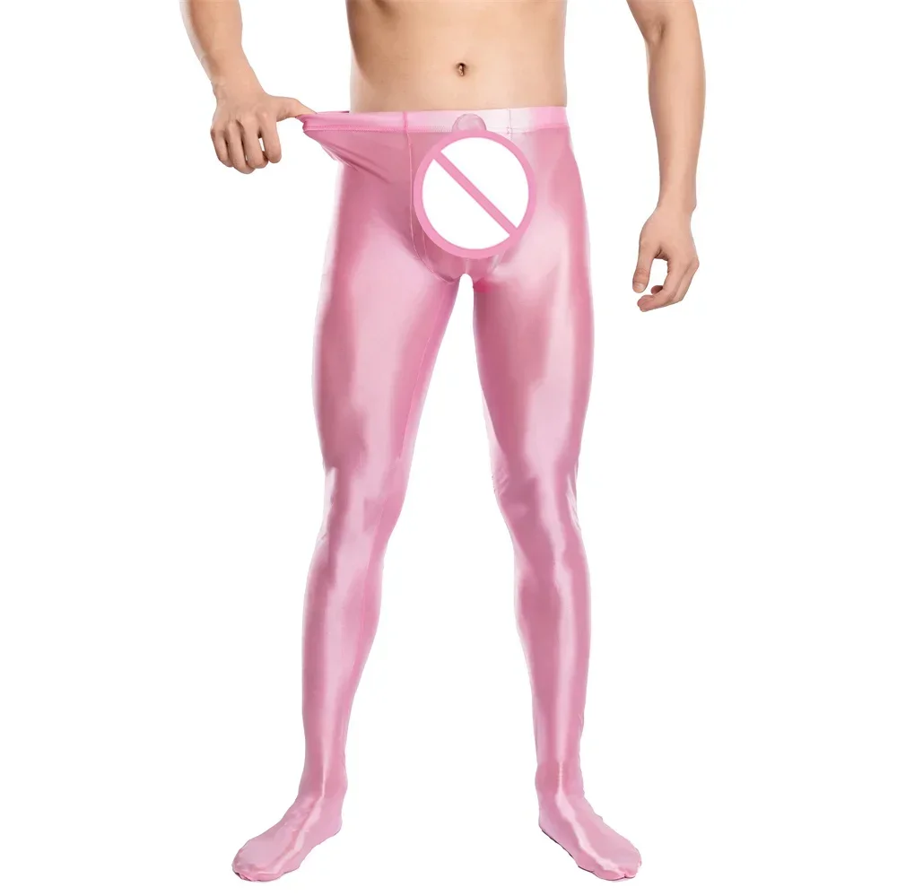 Men's Long Johns Sexy Sheer Glossy Pantyhose Solid Color Oil Smooth Tights Leggings Elastic Home Pants Long Bulge Pouch Trousers