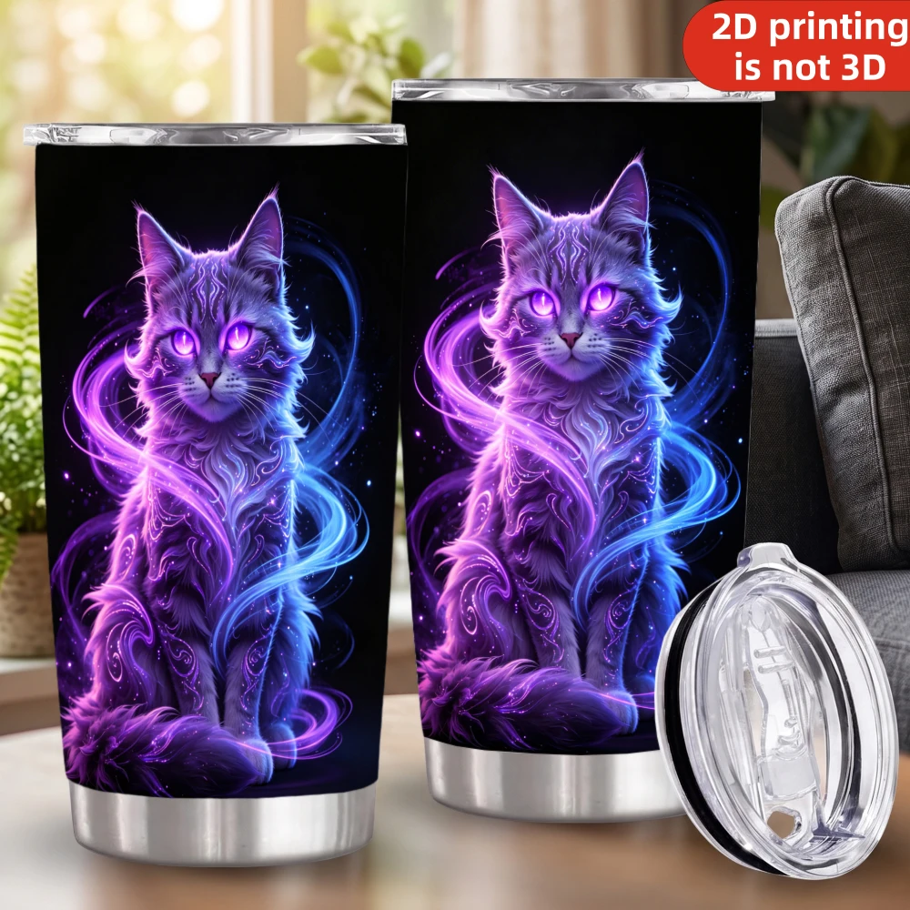 20oz Neon Purple Magic Cat Printed Stainless Steel Tumbler with Lid and Straw, Glowing Mystical Pet Galaxy Swirls Cyberpunk Vacuum Insulated Travel Coffee Mug Gifts for Cat Lovers