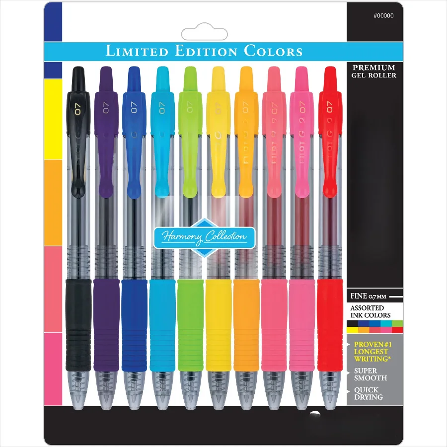 

Premium Retractable Gel Ink Rolling Ball Pen, Fine Point, Assorted Ink, 10 Count