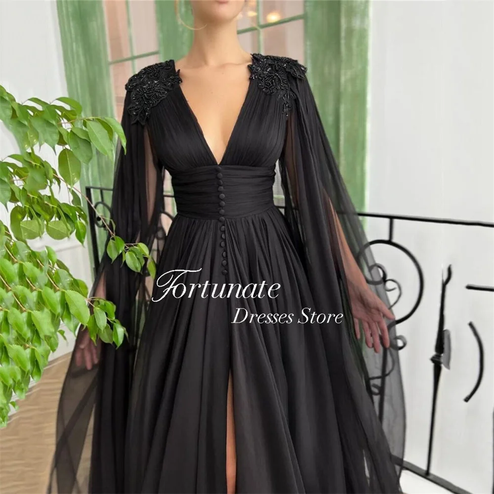 Fortunate-Vestido de Renda Preto, Decote V, Até o Chão, A-Line, Divisão Alta, Sem Costas, Ruched, Tule, Vestidos de Baile, Botão Mancha