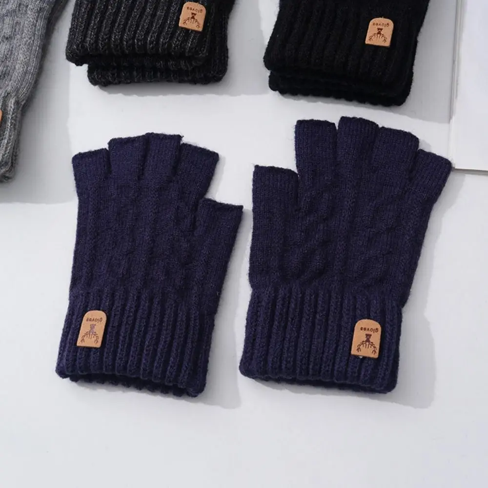 Warm Thick Knitted Gloves Driving Gloves Solid Color Half-finger Gloves Thermal Touchscreen Fingerless Gloves Student