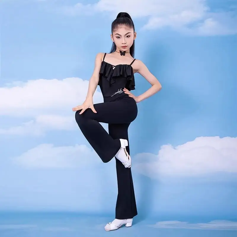 تخصيص النساء الكبار فتاة اللاتينية ملابس رقص التدريب الزي بروتيل أعلى ضيق المناسب جرس أسفل السراويل هامش فستان