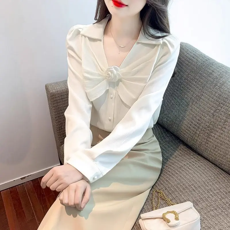 Spring Autumn New Solid Color V-neck Long Sleeve Shirt Women High Street Casual Button Patchwork Cardigan Elegant Pleated Tops