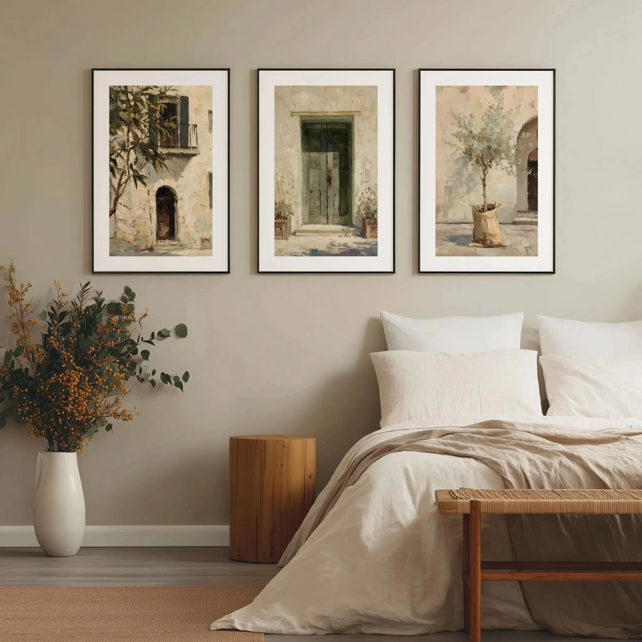 3Pcs Vintage Tuscan Village Wall Art,Mediterranean Old Door Olive Tree Painting Canvas Prints,Rustic Wall Arts,Home Decor Gifts