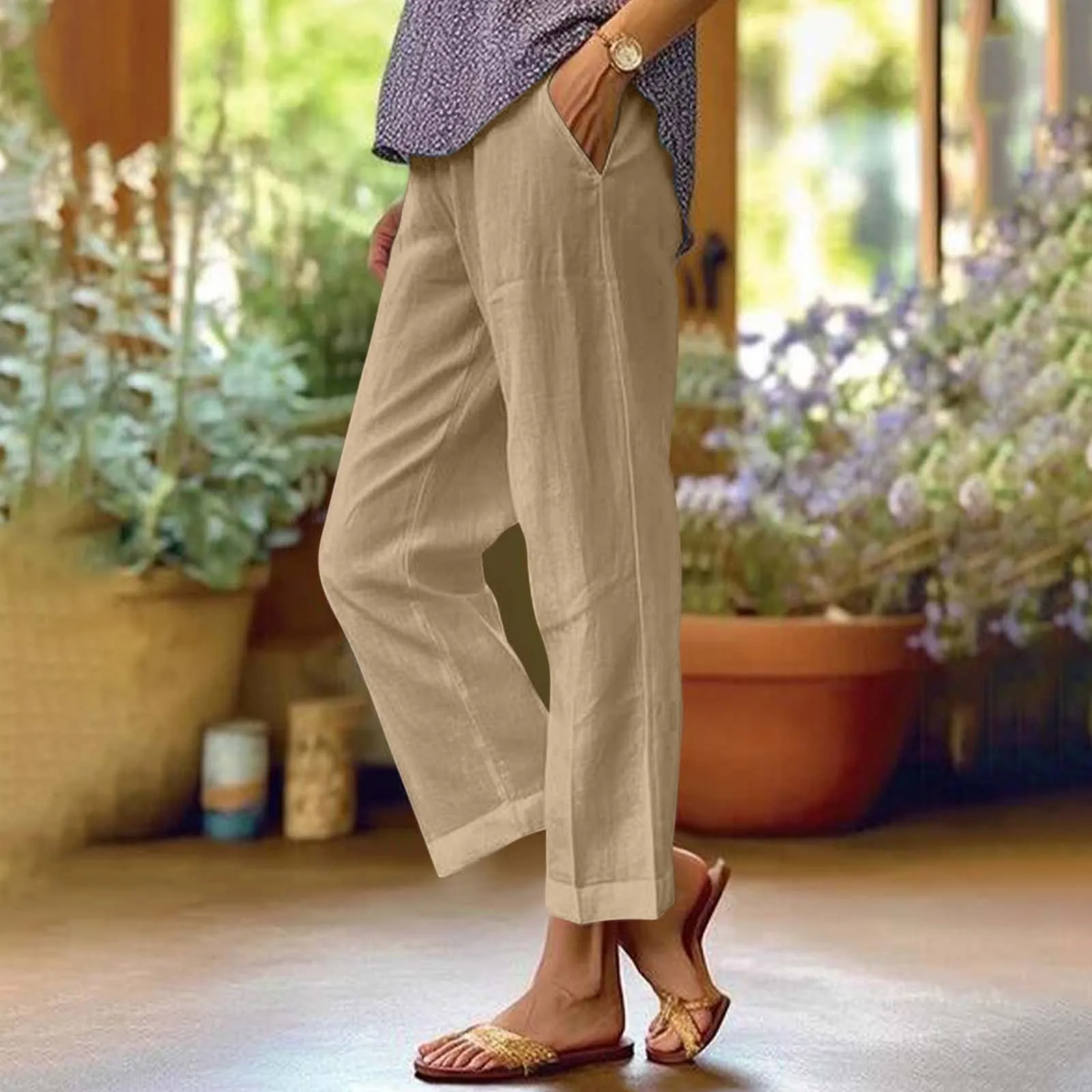 Pantalones rectos para mujer con bolsillos, ropa de calle de lino y algodón liso, pantalones tobilleros para mujer, ropa de oficina de verano