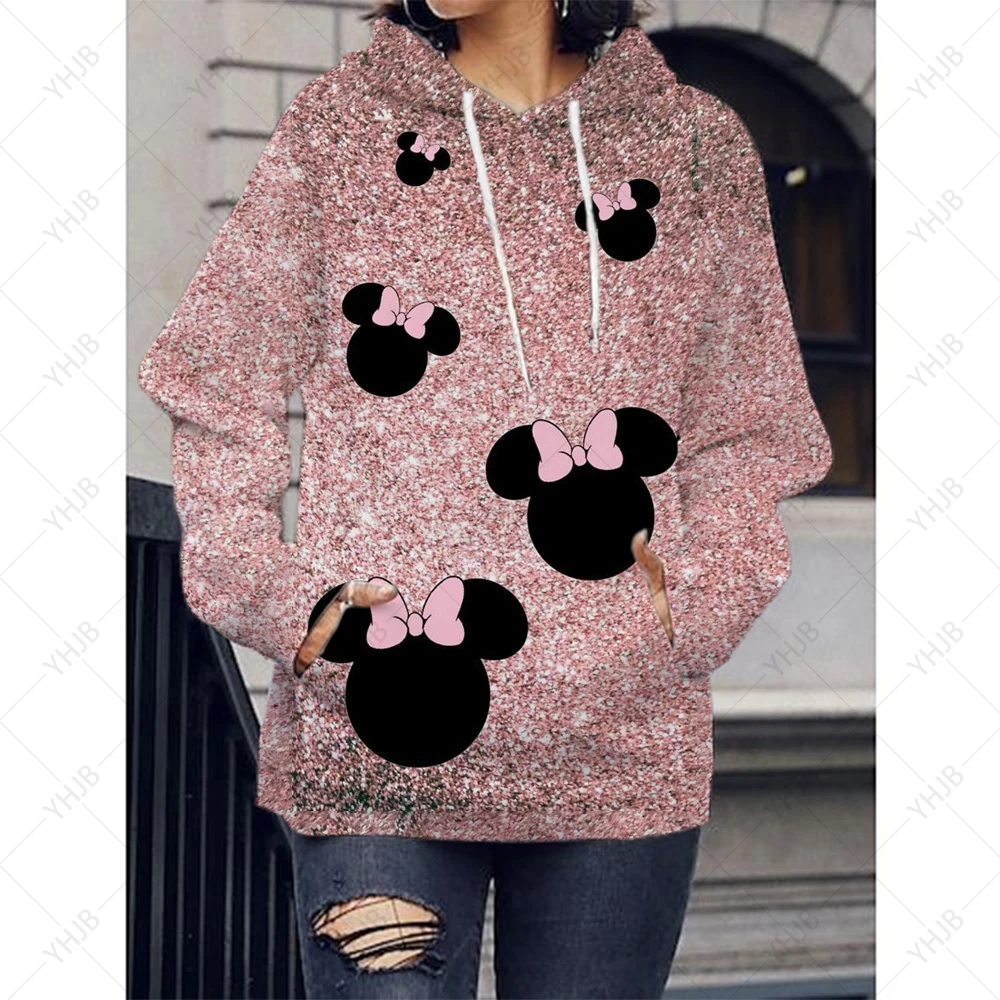 Disney Hoodies Women Minnie Mickey Mouse Hoodies Cartoon Tops Long Sleeve Pockets Sweatshirts Fashion Oversized Hooded Women