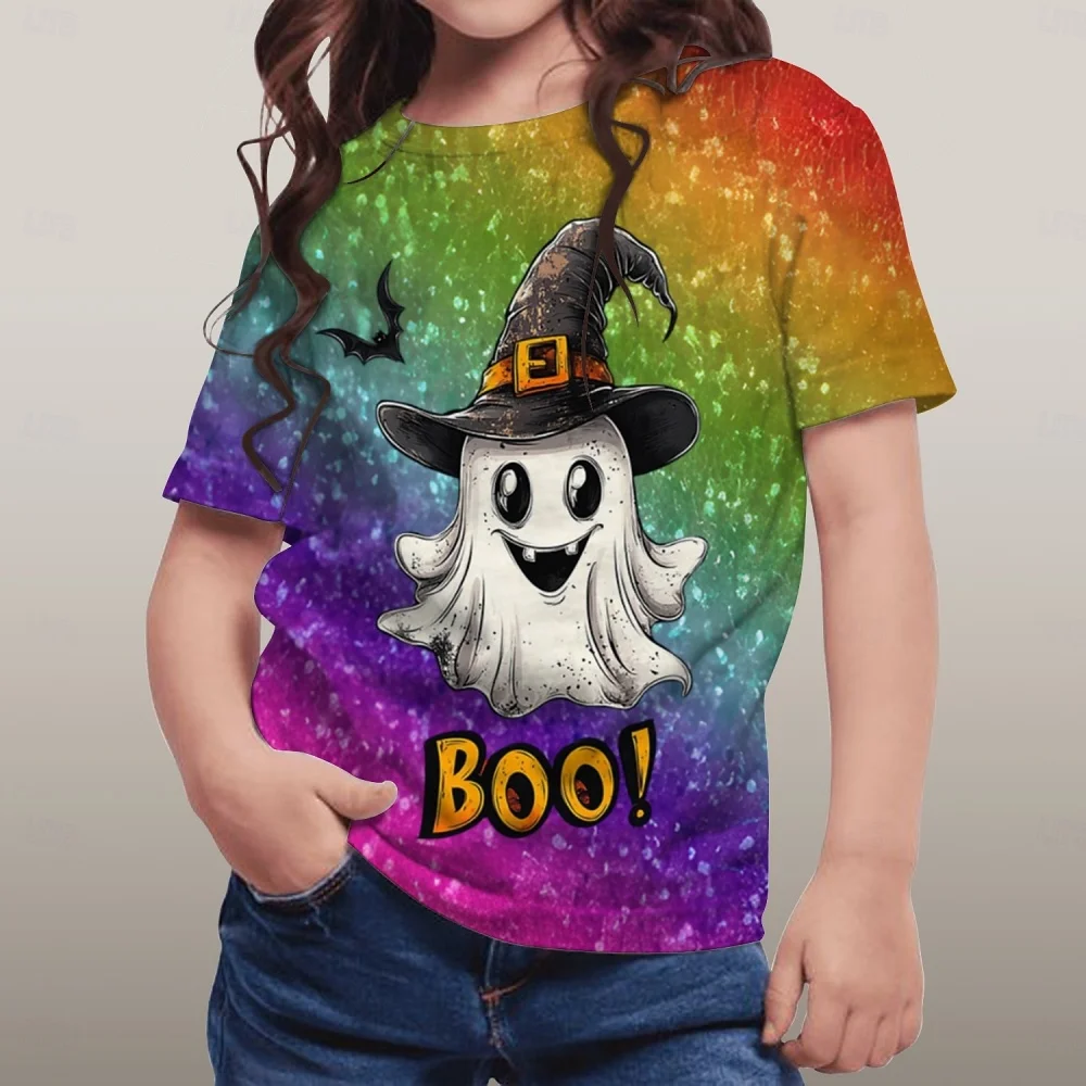 Halloween T-Shirt Cute Ghost 3D Graphic Girl Short Sleeve T-Shirt Fashion Sequins Girl Clothes Holiday Children Top Kids Clothes