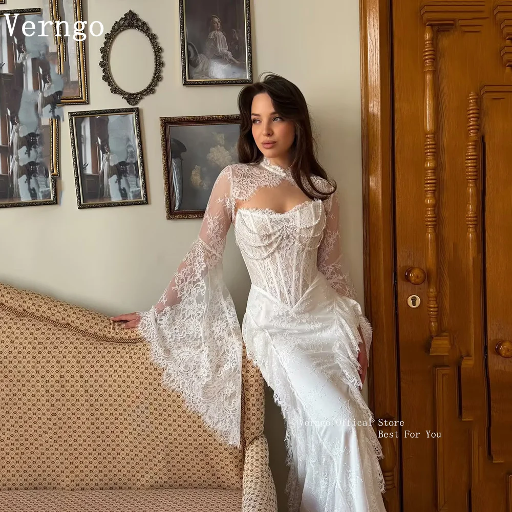 Verngo Luxuriöses Spitzen-Hochzeitskleid mit langen Ärmeln, Meerjungfrauen-Brautkleid, elegante plissierte Brautkleider 2026, individuell anpassbar