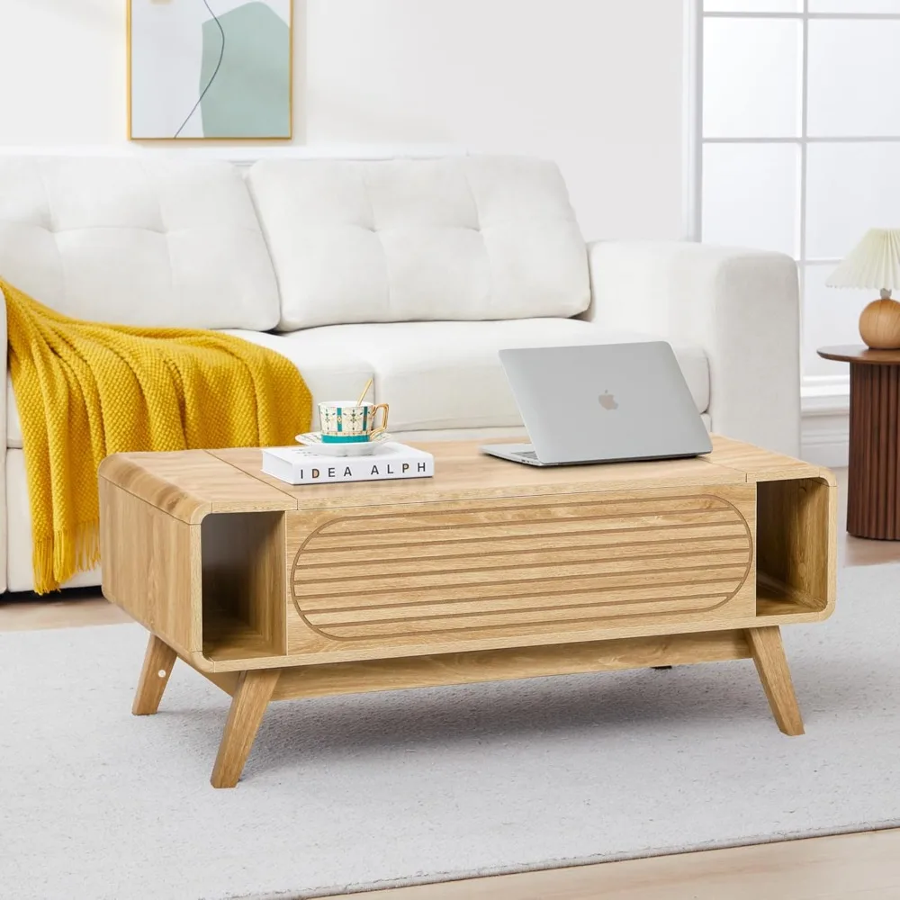 Small Lift Top Coffee Table with Hidden Compartment, Mid Century Modern Curved Coffee Table with Storage Shelf, Wooden Rectangle