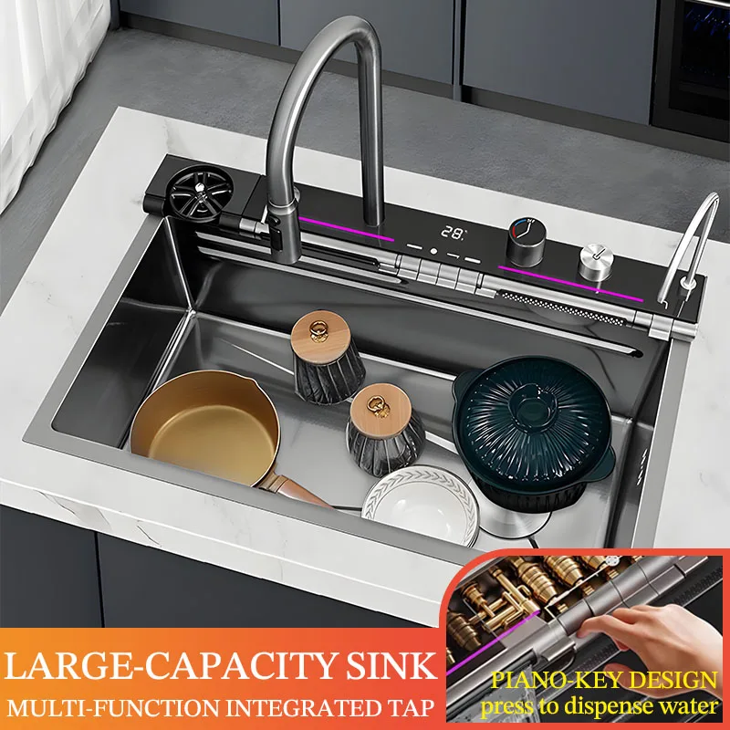 

80x45CM Large single-slot double-track Combi-style multi-functional Kitchen sink Piano-style key design Double Waterfall Mode